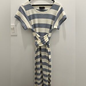 Hatch Maternity Sona Striped Maxi Shirt Dress (Side Slits, Tie Waist, Crew Neck)
